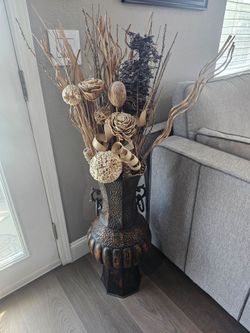 Large Metal Vase with Decorative Twig Bundle
