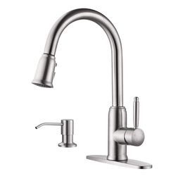 Elegant Stainless Steel Single Handle Pull Down Sprayer Kitchen Faucet with Soap Dispenser in Brushed Nickel