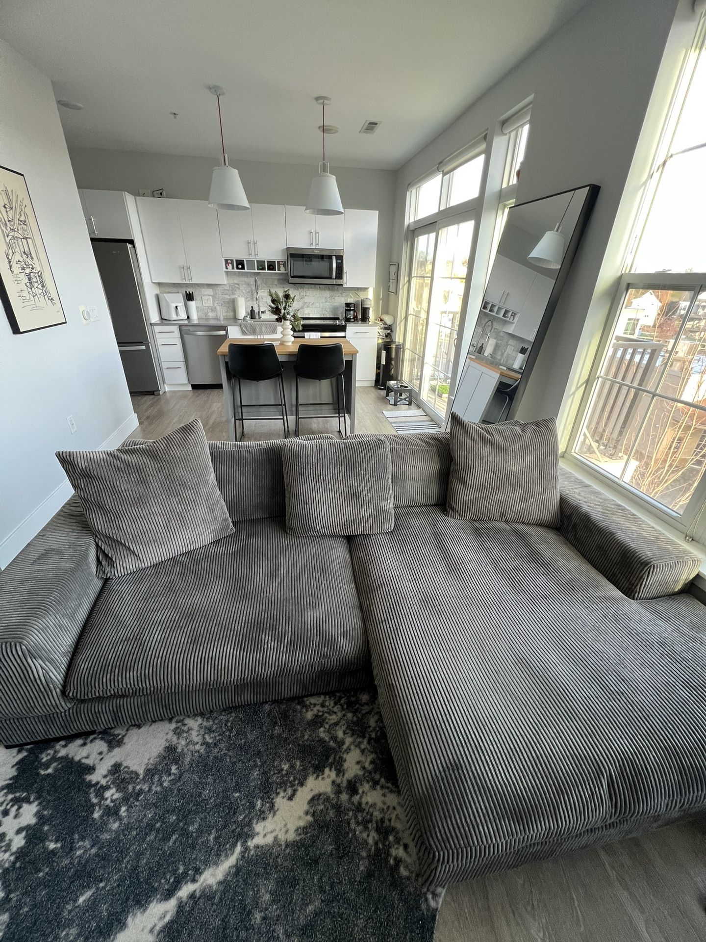 Modern Gray Corduroy Sectional - Like New! (PRICE IS NEGOTIABLE)