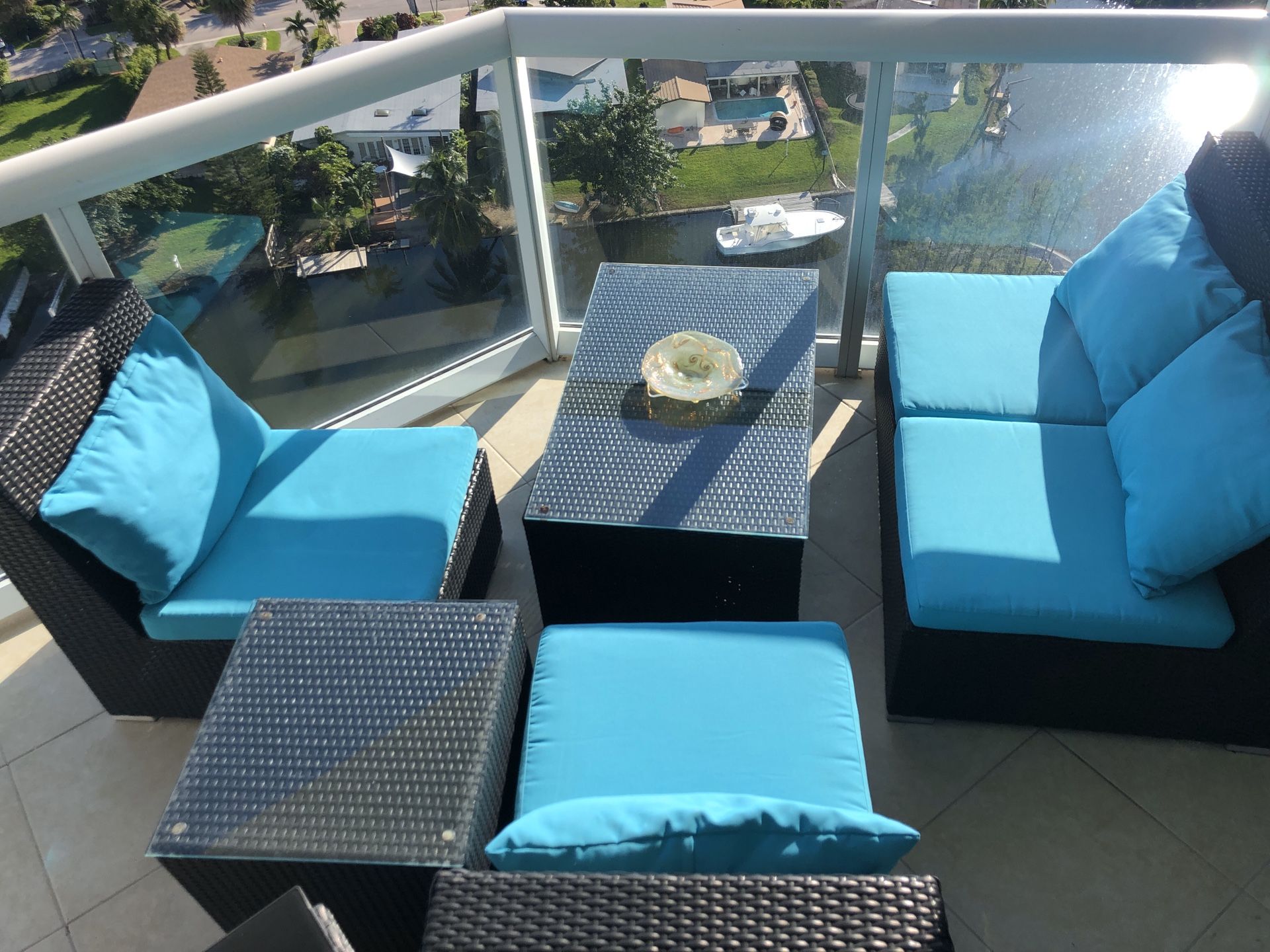 Rattan patio chair set (2 chairs one sofa, 2 tables) with blue cushions