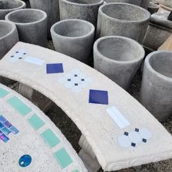 Concrete Mosaic Tile Inlay Curved Benches / Cement Garden Patio Bench / Outdoor Patio Furniture