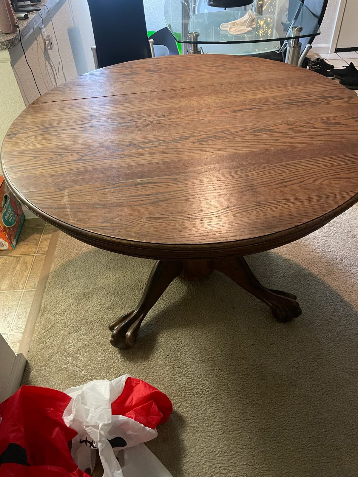 Antique Oak Wood Table W/leaf And Embroidered Chairs