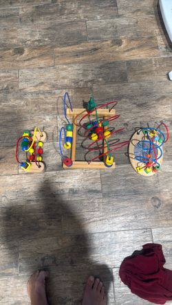 Three baby toddler toys, wooden Melissa and Doug and IKEA bead maze