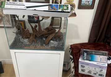 14 gallon high tank with substrate, LED lights, filter, heater, driftwood, rocks