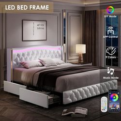 King Size LED Bed Frame with 4 Storage Drawers, PU Leather Upholstered Platform Bed with Crystal Buttons Headboard, White