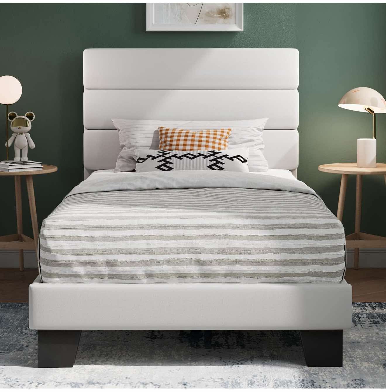Twin Platform Bed Frame with Velvet Upholstered, White R-10