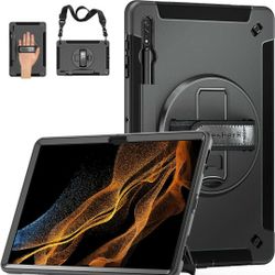 Galaxy Tab S8 Ultra 14.6 Inch Case: Military Grade Tab S8U Case 2022 Heavy Duty Shockproof Protective Cover-S-Pencil Holder-Rotating Stand-Hand/Should