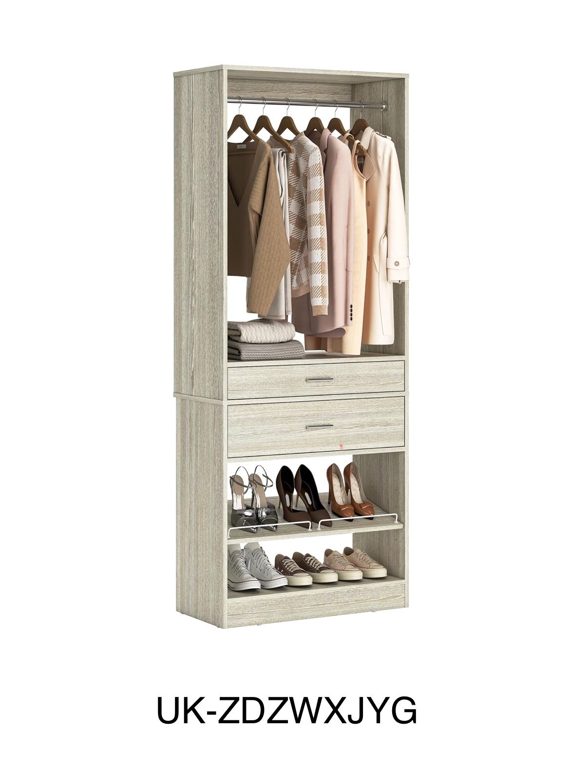25” W x 80'' H Closet System Organizer with Hanging Rod and 2 Wooden Drawers, Adjustable Shoes Rack, Sturdy Garment Rack, Walk-in Closet Tower for Bed
