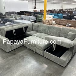 New Large U Shape Sectional Sofa Storage Chaise Pull Out Sleeper Bed Sofa Bed Large Fabric Grey Pullout USB port