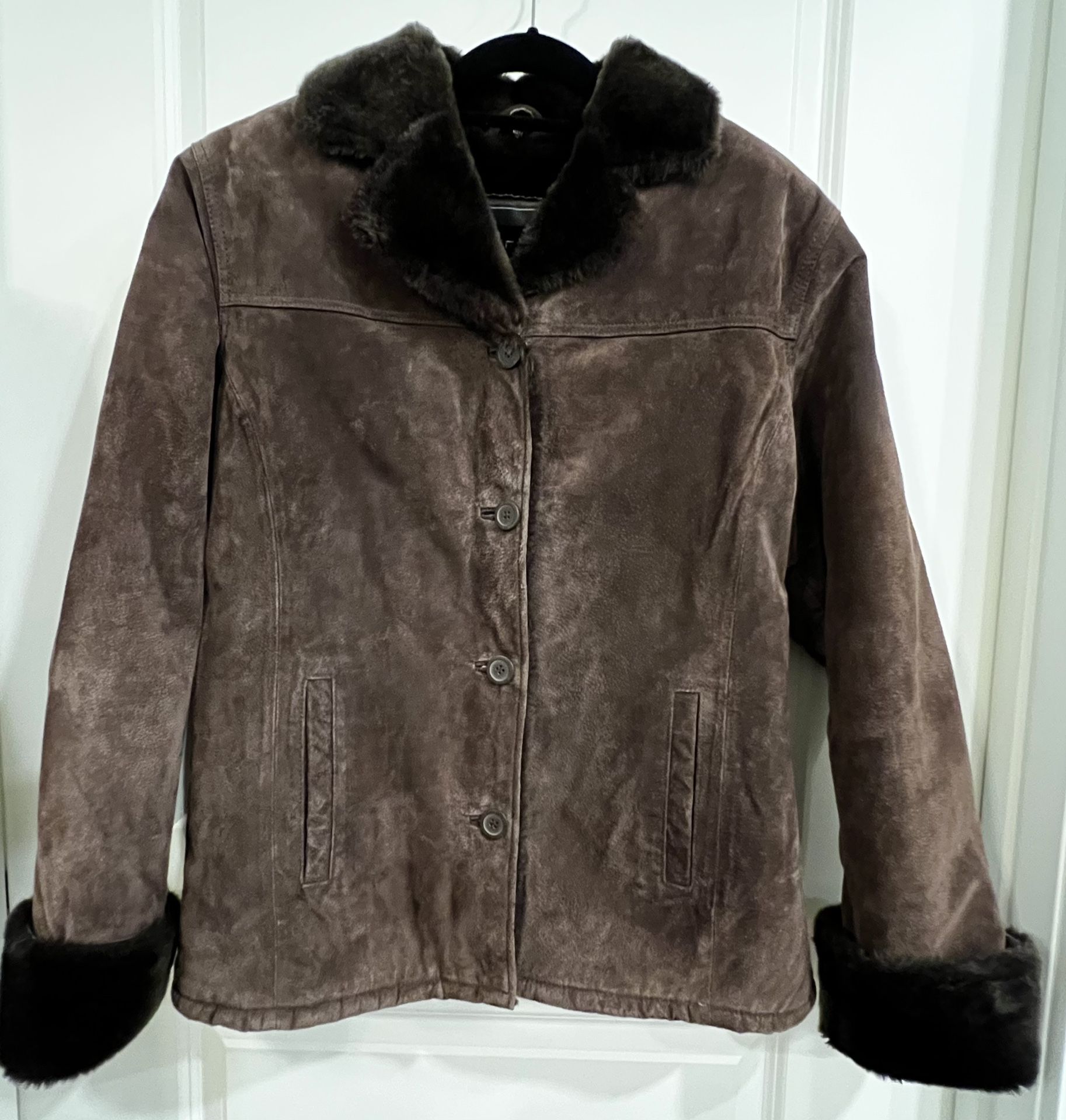 Adler Real Suede Leather Jacket Coat Faux Fur Lining Chocolate Brown Size XL Winter Women’s Like New