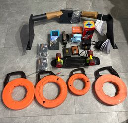 Fish tapes, curt trailer hitch, cameras, penny board, AirTag wallet and air tag