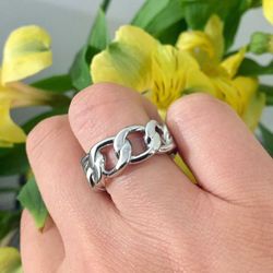 Adjustable Silver Plated Chunky Chain Ring_Link Ring_Women