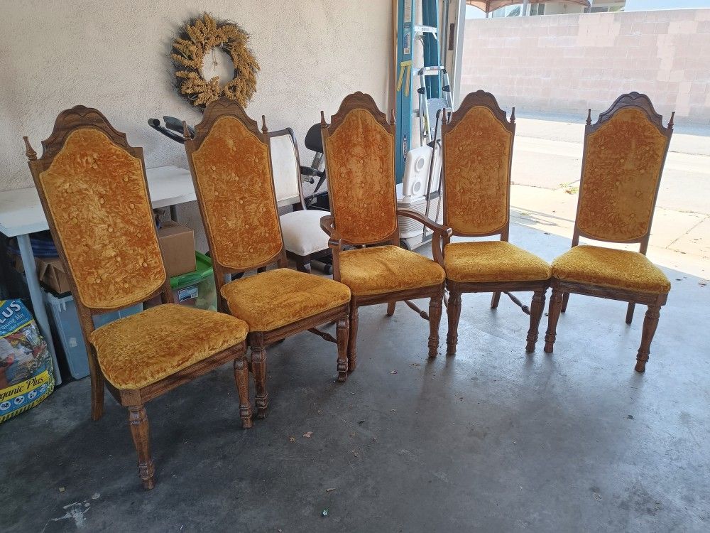 5 Groovy 1970s Vintage Tall American Drew Golden Tufted Velvet Wood Chairs 5 Groovy 1970s Vintage Tall American Drew Golden Tufted Velvet Wood Chairs