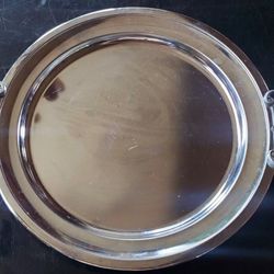 Vintage Silver Serving Tray With Wood Handle 