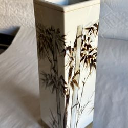 Vintage Japanese Brown And White Square Bamboo Vase 