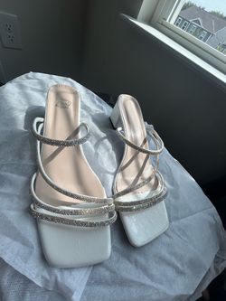 White Rhinestone Strappy Block Heel Sandals