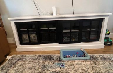 White TV Stand with Glass Sliding Doors