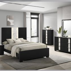 Brand New Rangley Black Finish Wood LED Bedroom Set 