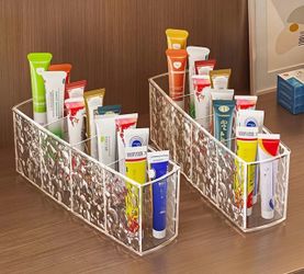 2 PKS Transparent Acrylic 4-Compartment Makeup Organizer with Water Ripple Pattern Design,Makeup Brush Holder,Makeup Table Transparent Storage Box for