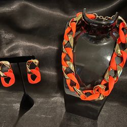 Hot Neon Orange/Gold Necklace & Earrings
