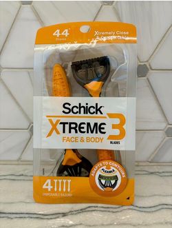 New Schick Xtreme 3 Face & Body razors. Pack has 4 disposable razors. Each razor has 3 blades