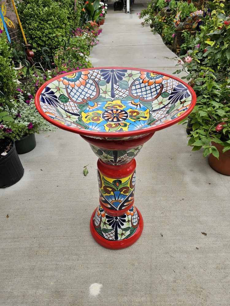 Red Rim Talavera Birdbath. Clay Pots, Planters, Pottery, Plants.