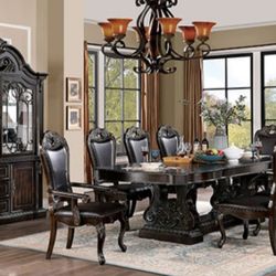 Brand New Dark Walnut Upscale 9pc Formal Dining Table Set