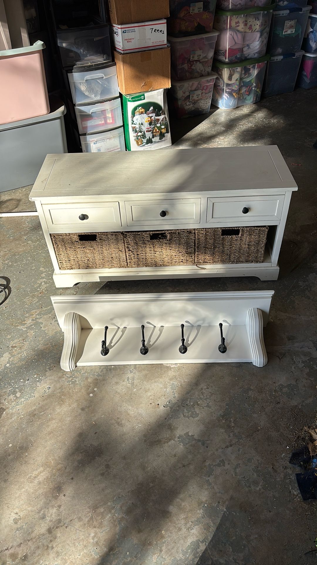 Cute White Storage Bench With Drawers And A White Coat Rack Hanging Shelf 