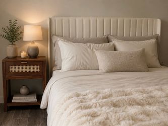 Queen Upholstered Bed Frame + Mattress – Modern Cream Channel Tufted Headboard
