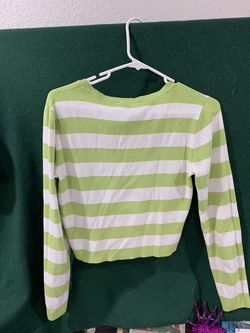 Green and White Striped Crop Cardigan