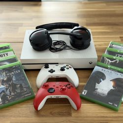 Xbox One S Bundle – 2 Controllers (Rechargeable) + Headset + Games | Ready to Play