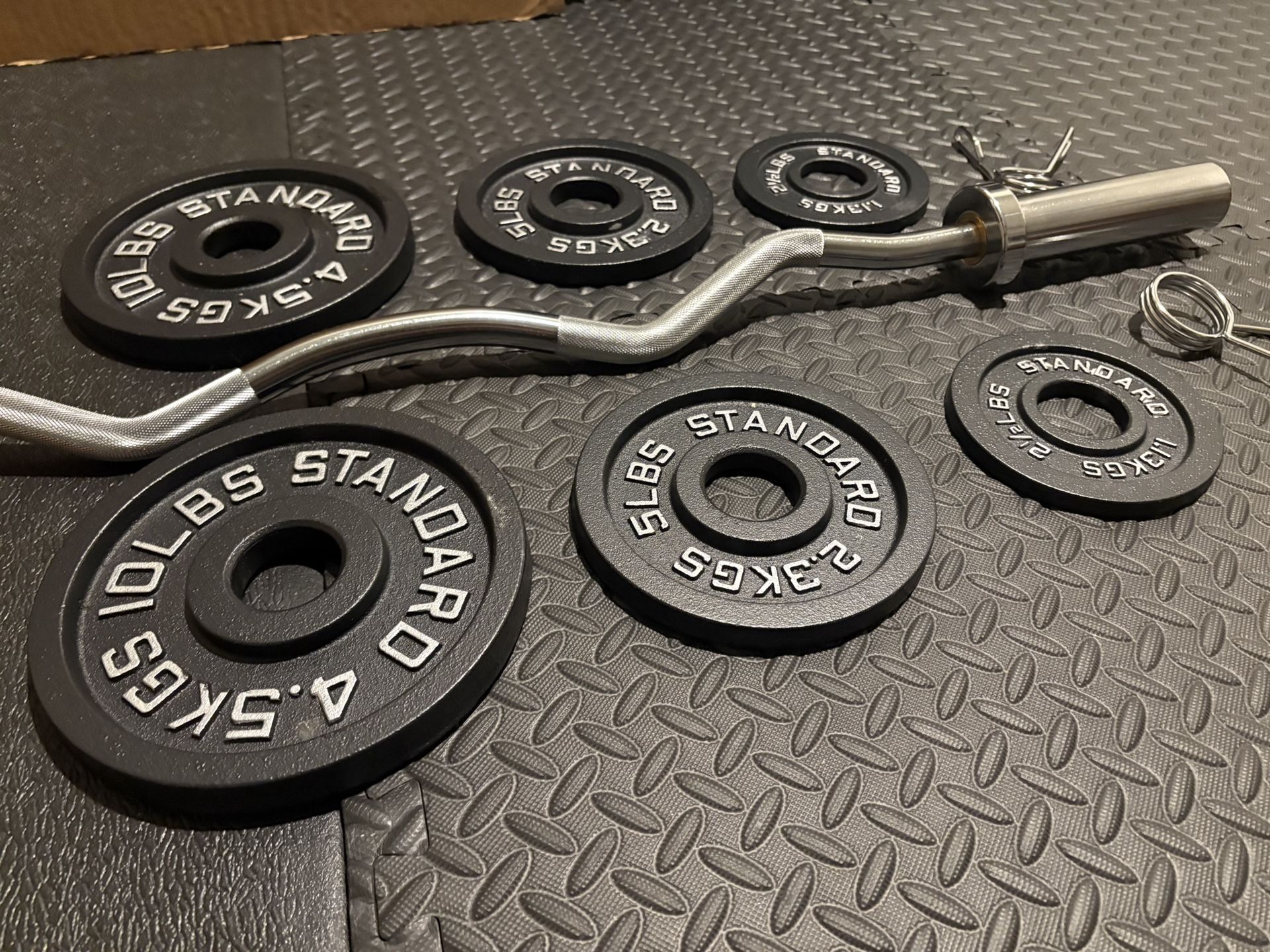 BRAND NEW Olympic Curl Bar With Cooper Bearings & Cast Iron Weight Plates: 25#, 10#, 5 and 2.5# (105 pounds)