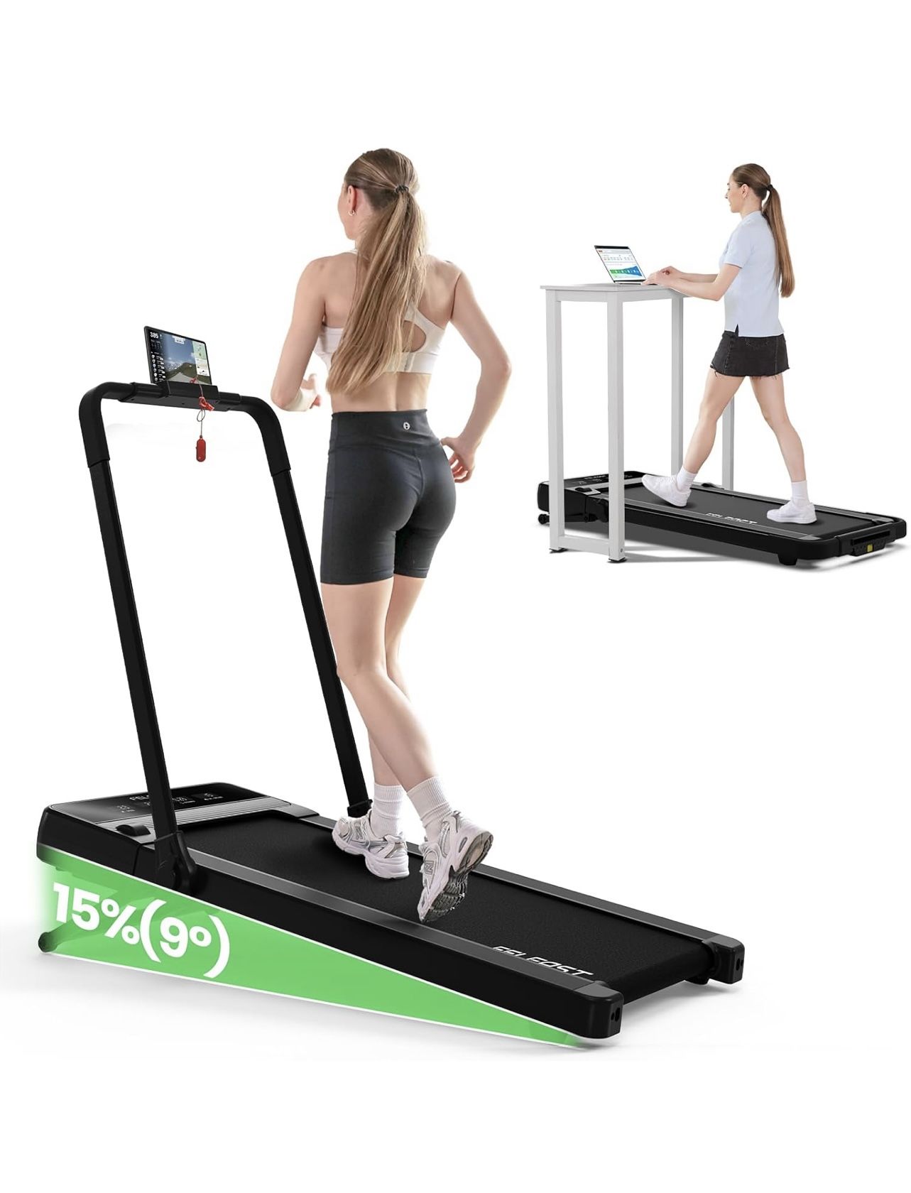 Walking Pad Treadmill with 15% 9° 8 Level Auto Incline, 2-in-1 Under Desk Foldable Treadmill w/Remote Control, 12 HIIT Mode, 265 Lbs, 7.6 MPH Max, Por