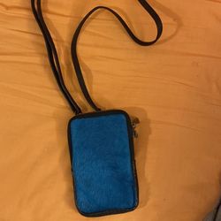 Blue / Black Furry Italian Genuine Leather Phone Purse