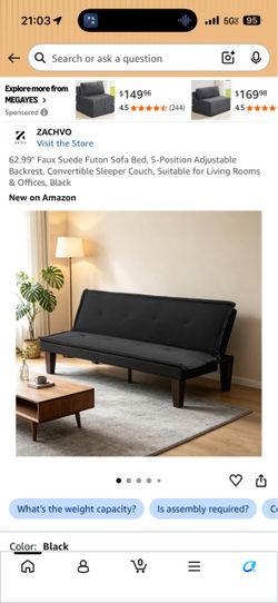 99" Black Futon Sofa Bed – 5-Position Adjustable
