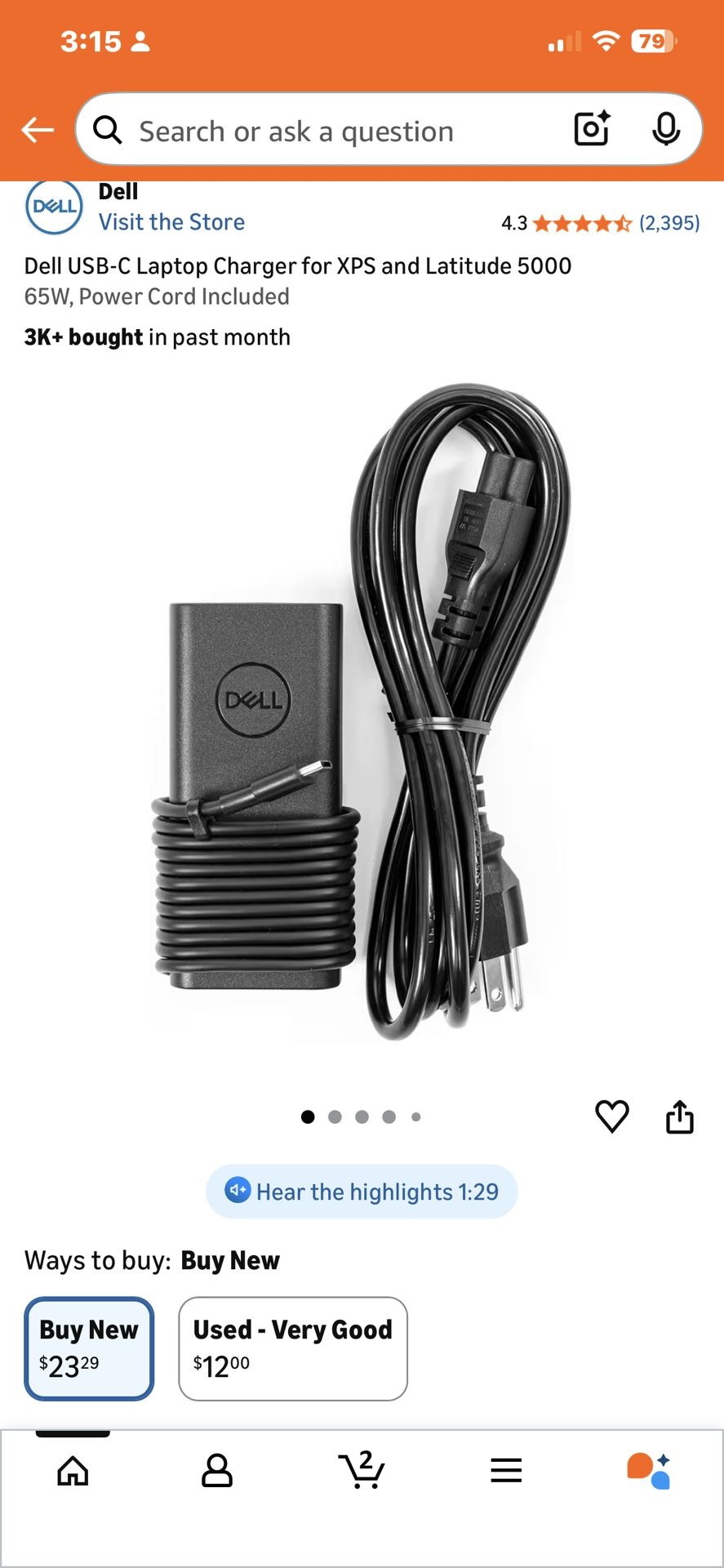 Dell USB-C Laptop Charger for XPS and Latitude 5000 65W, Power Cord Included