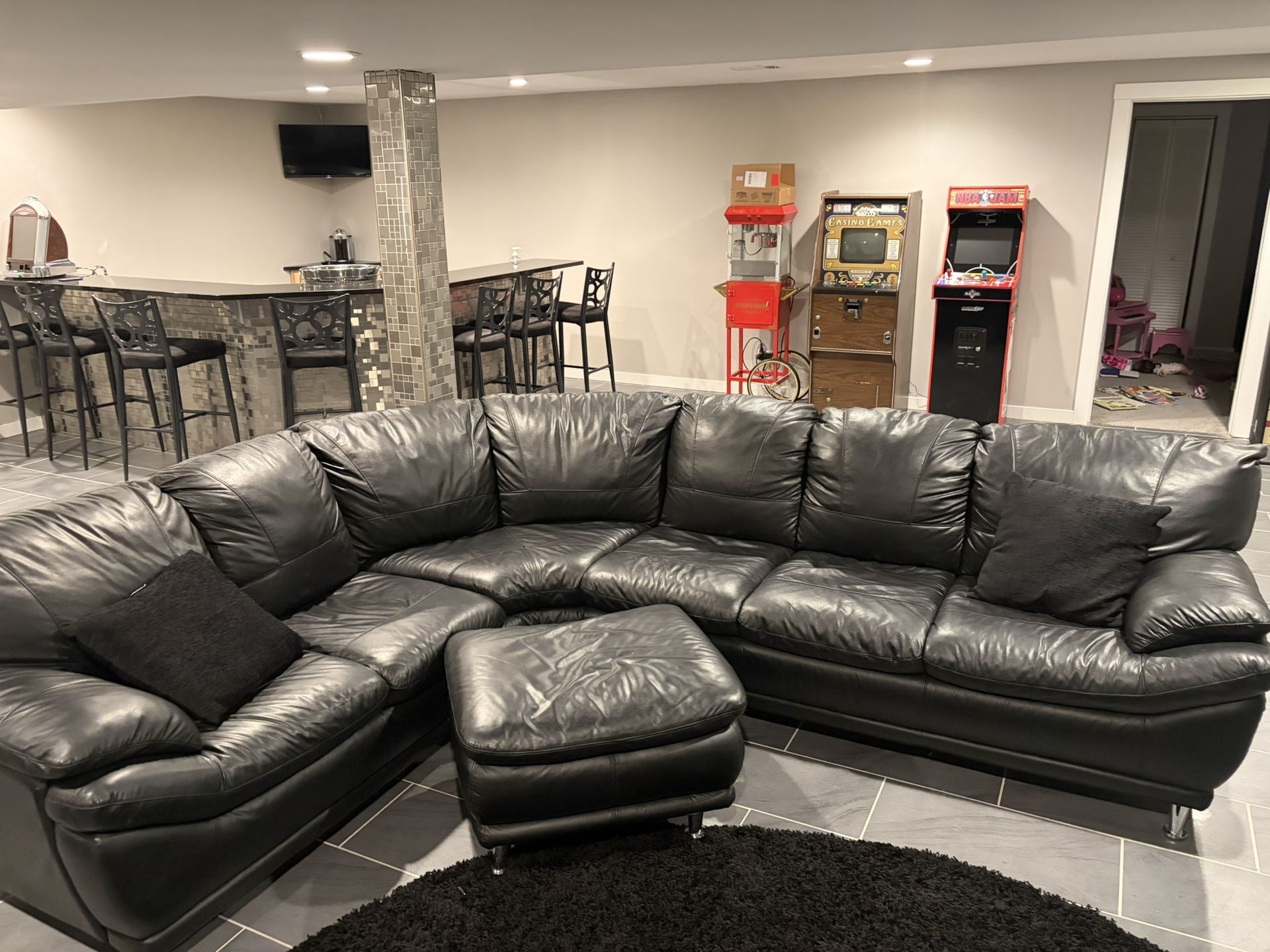 Black Leather Couch And Chair, And Ottoman 