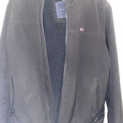 Tommy Hilfiger Mens Large Black Hooded Pockets Logo  Lined Winter Coat Jacket