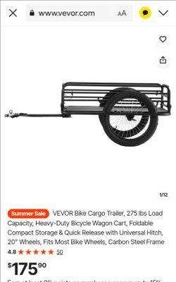 VEVOR Bike Cargo Trailer, 275 lbs Load Capacity, Heavy-Duty Bicycle Wagon Cart, Foldable Compact Storage & Quick Release with Universal Hitch, 20" Whe