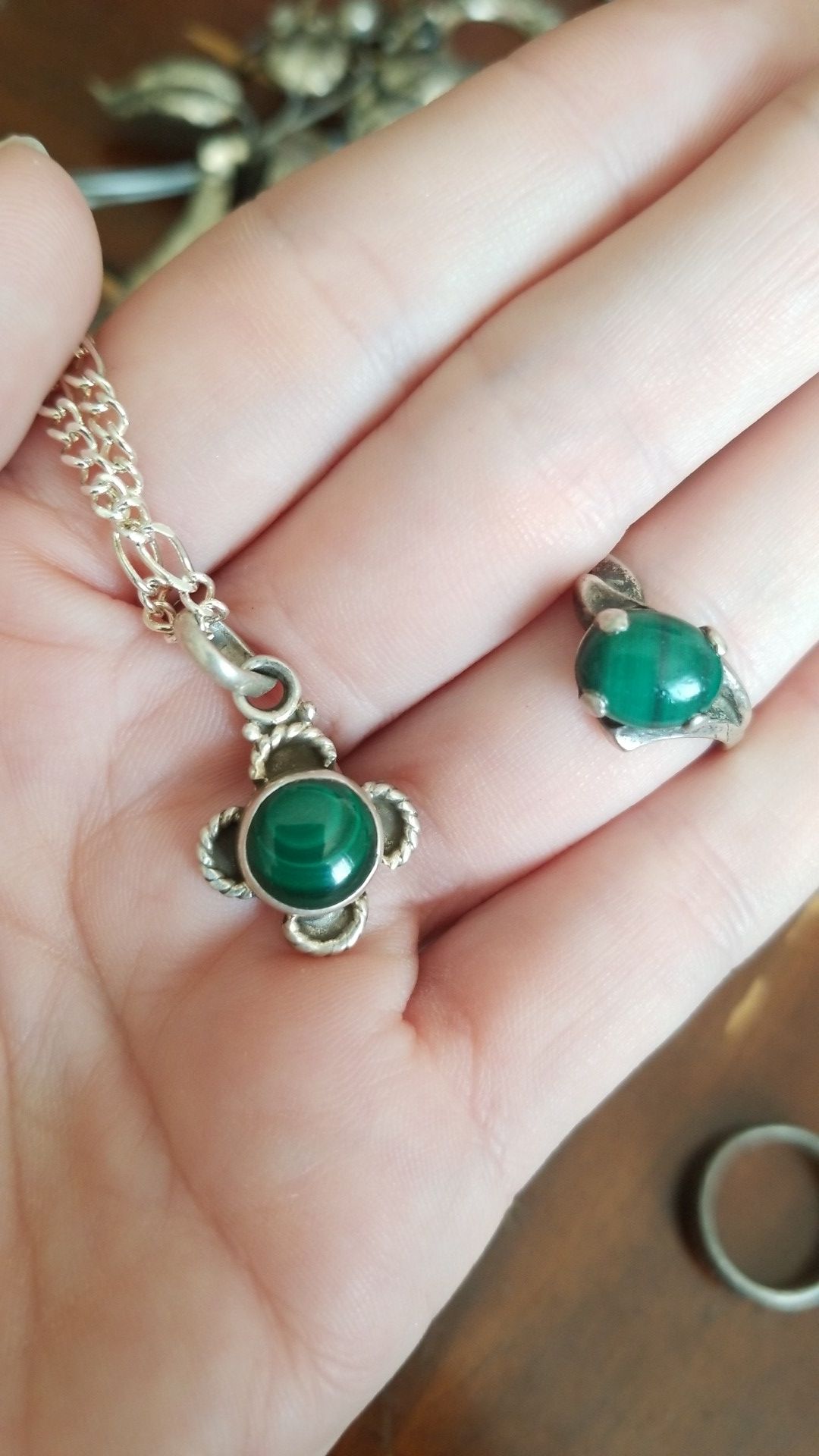 Sterling silver and malachite ring and pendant