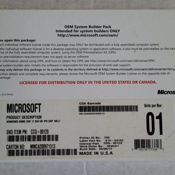 Windows Home Server 2011 , OEM 64 Bit OPERATING SYS., NEW/SEALED