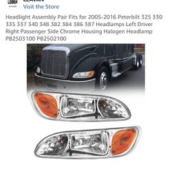 Headlight Assembly Pair Fits for 2005-2016 Peterbilt 325 330 335 337 340 348 382 384 386 387 Headlamps Left Driver Right Passenger Side Chrome Housing