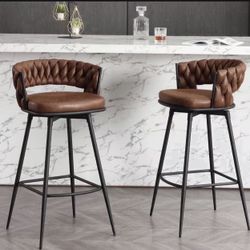 Modern Bar Stools Set of 2, 30" Bar Height Barstools, 180° Swivel Suede Fabric Stool Chairs with Woven Back and Footrest for Kitchen Island, Cafe, Pub