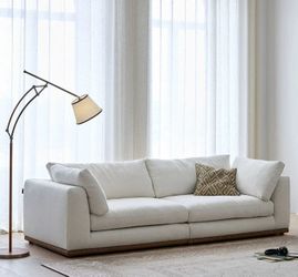102" Beige Linen Minimalist Sofa w/ Bottom Wood Trim [NEW] **Retails for $2369