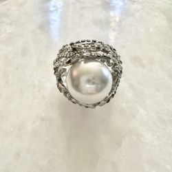 Large Pearl Rhinestone Cocktail Ring Size 9