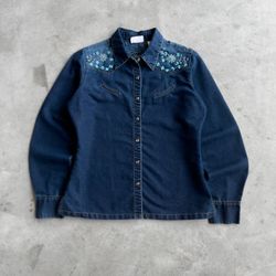 Vintage 2000s Wrangler Western Cowgirl Denim Button Up Shirt Floral Embroidery M