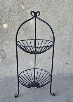 2-Tier Black Metal Wire Fruit & Vegetable Basket Stand, Freestanding Round