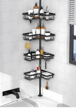 Corner Shower Caddy Tension Pole - Shower Tension Rod Organizer, Floor to Ceiling Shower Caddy 25-114.2 inch, Towel Rack Corner Waterproof, Black
