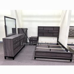 4pc Queen Bedroom Set (Queen Bed Frame,dresser, Mirror And Nightstand)