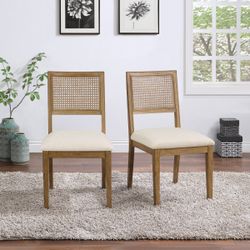 Set Of 4 - Rattan Can Back Wooden Dining Chairs w/ Beige Cushions [NEW]